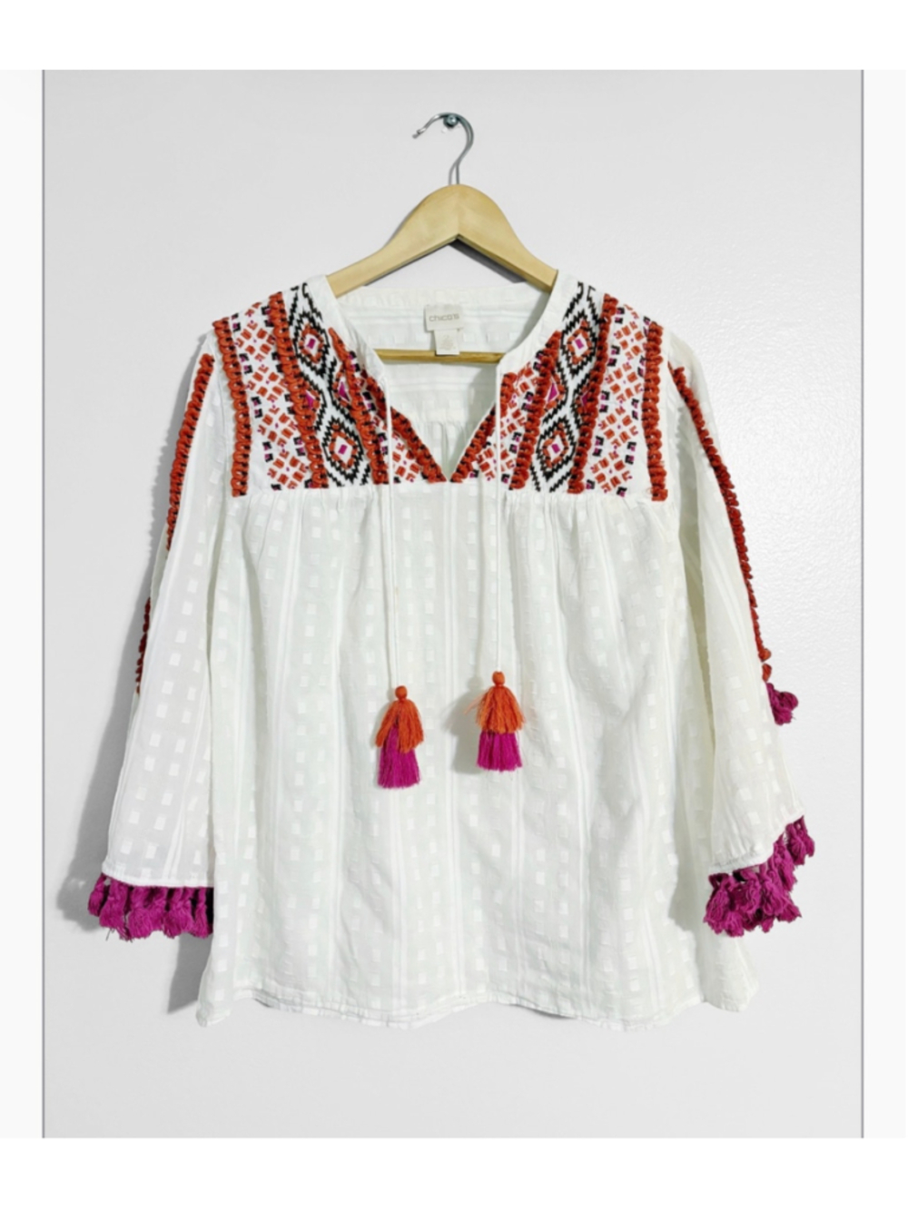 Chico's Embroidered Tassel Boho Top